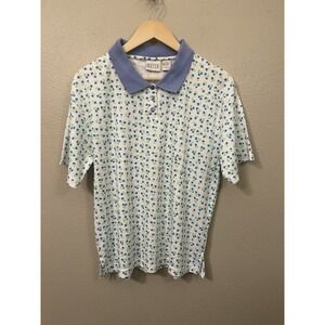 Vintage Laura Gayle NEW Ditzy Floral Polo Shirt White Blue Cottage‎ Country Sz L